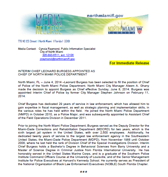 Chief Burgess Media Release
